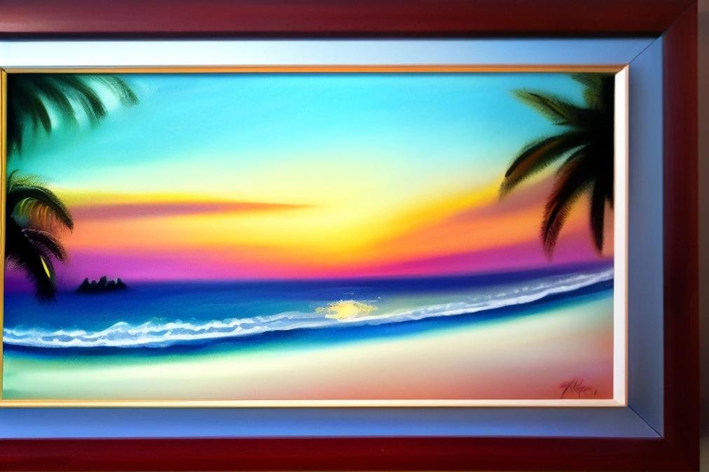 A stunning landscape painting of a serene beach at sunset