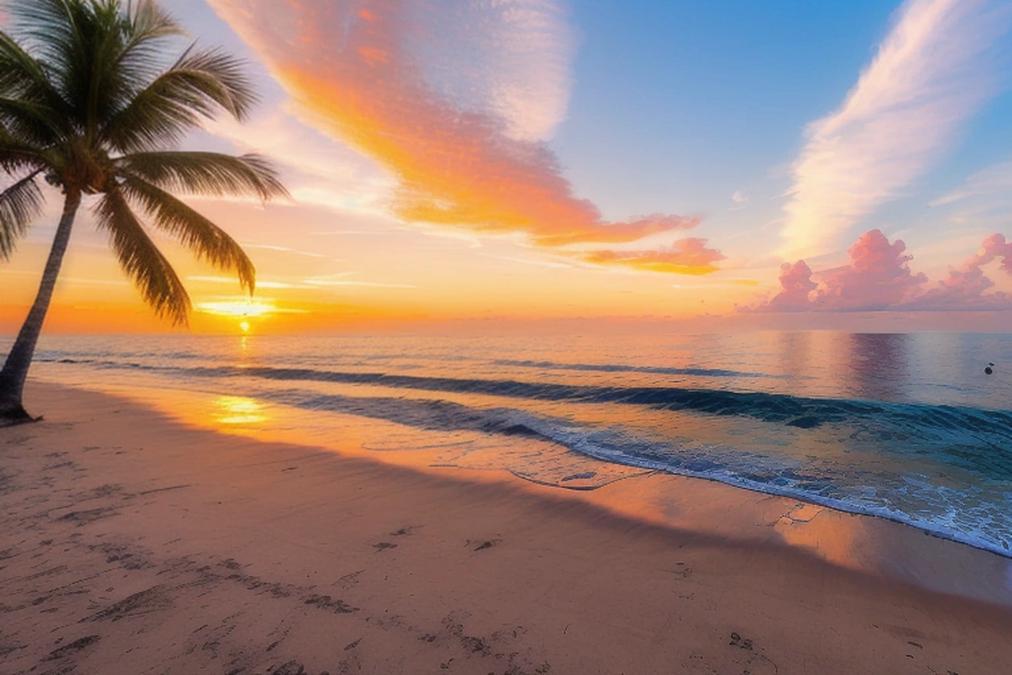A serene landscape of a tranquil beach at sunset