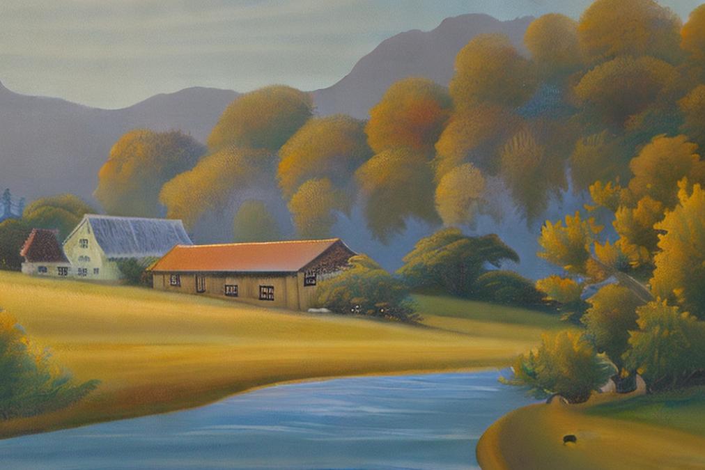 A serene landscape painting of a peaceful countryside