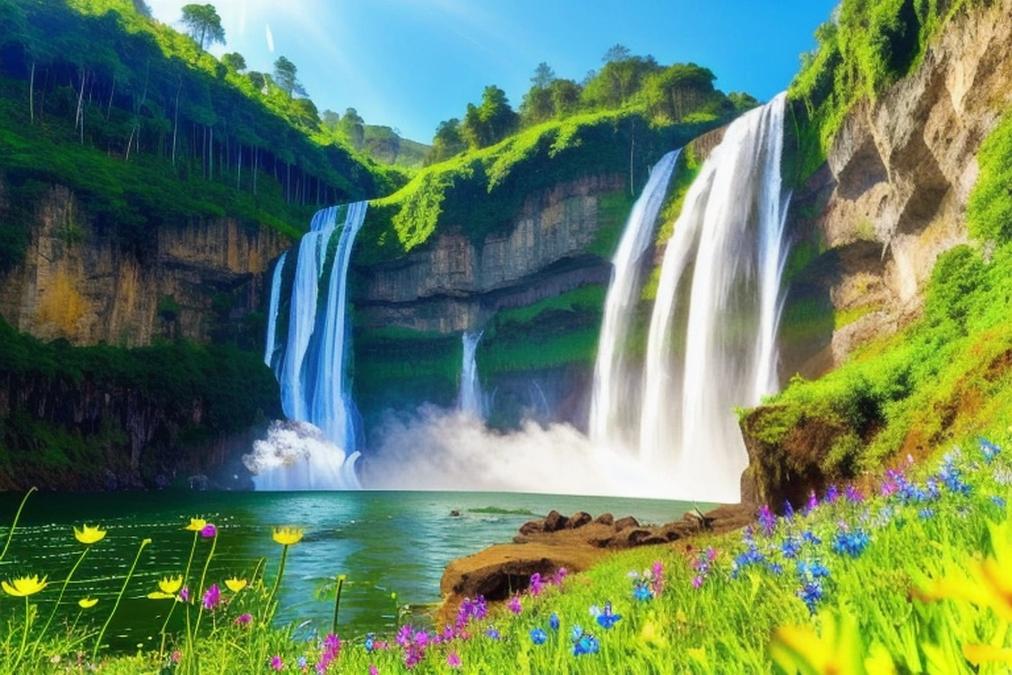 A majestic waterfall cascading down a lush green mountainside