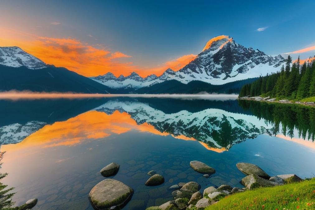 A stunning landscape of a serene mountain lake surrounded by lush green forests and snow-capped peak